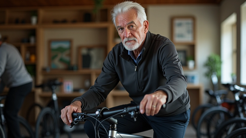 Seniori izvēlas velosipēdu veikalā, sēžas uz dažādiem modeļiem, spilgta iekšējā telpa