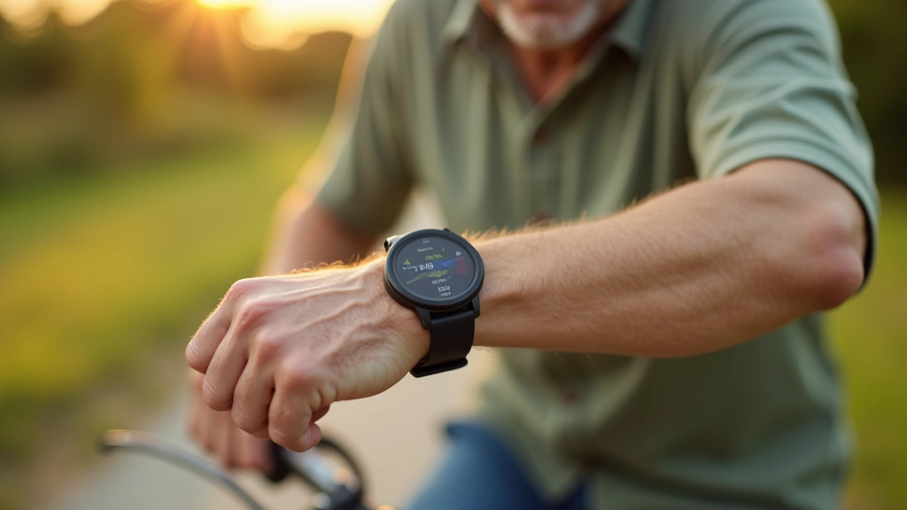 Seniora rokā smartwatch ar aktivitātes skaitītāju, smaida un sēž uz velosipēda
