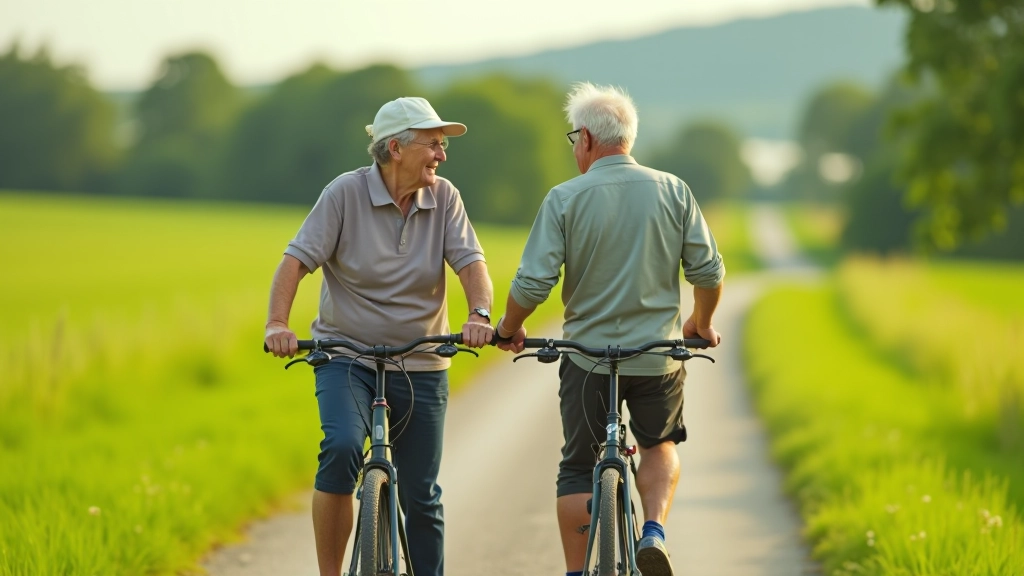 Senioru pāris uz lauku ceļa, viens palīdz otram ar velosipēdu, zali lauki fonā