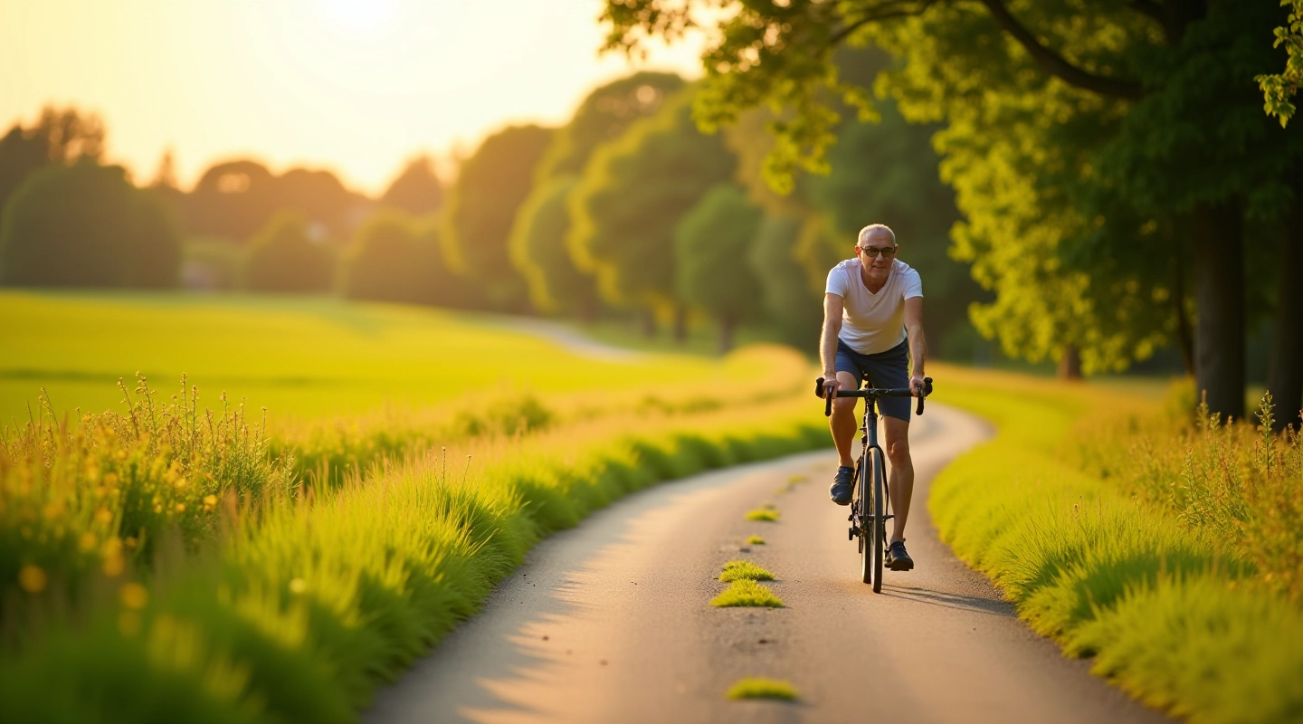 Seniora velosipēdists uz lauku ceļa, vasaras saule, zaļa ainava